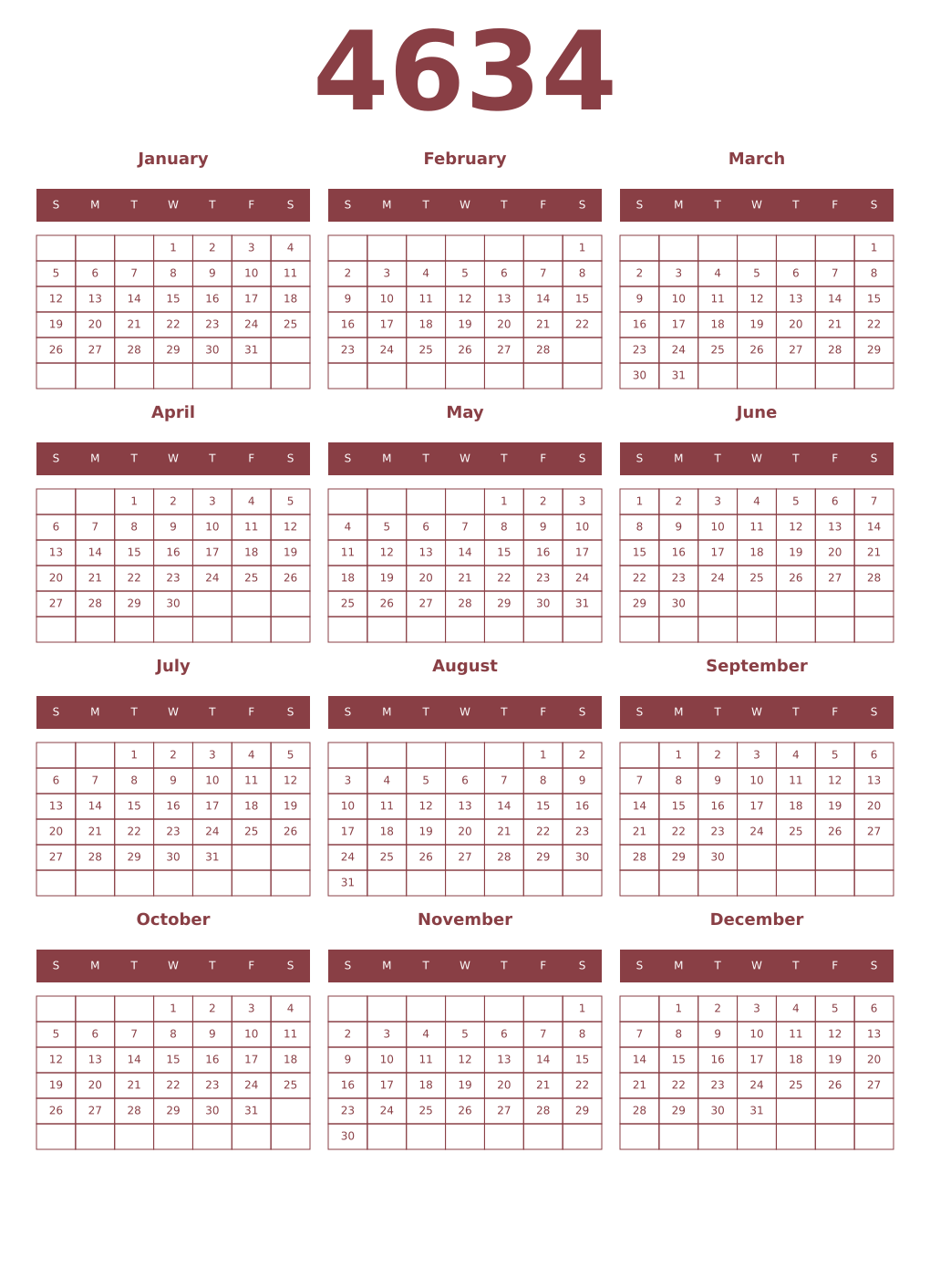 Printable 4634 Year Calendars cordovan