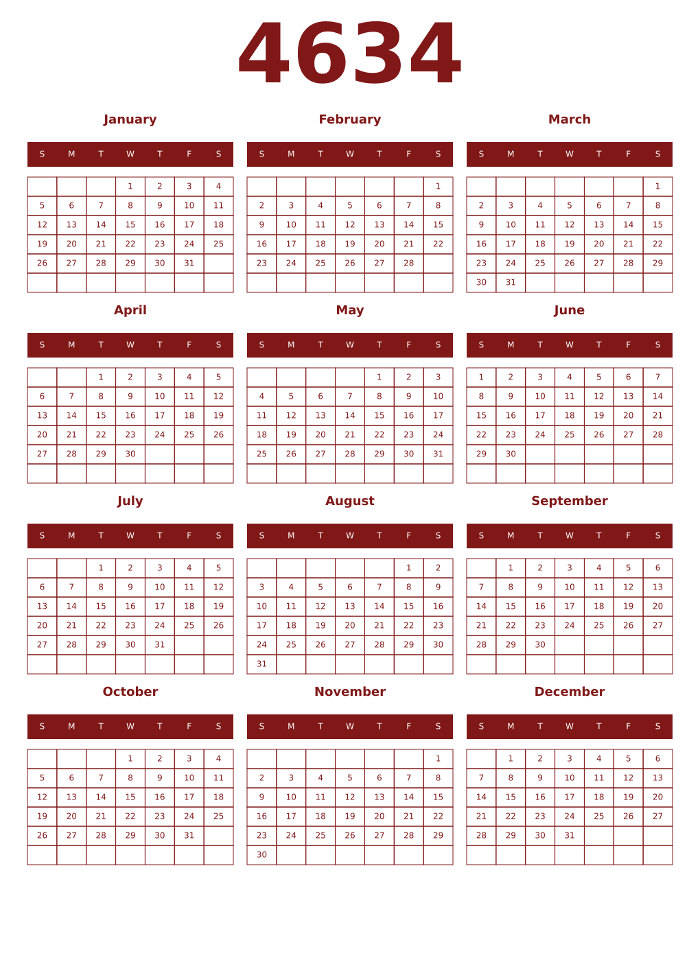 Printable 4634 Year Calendars falu
