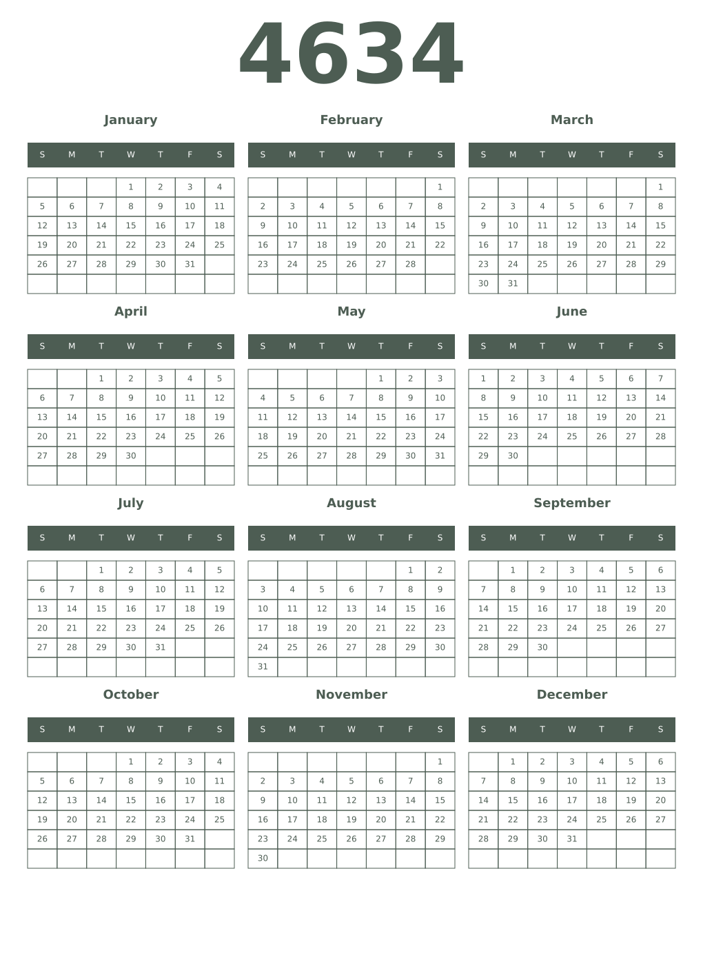 Printable 4634 Year Calendars feldgrau
