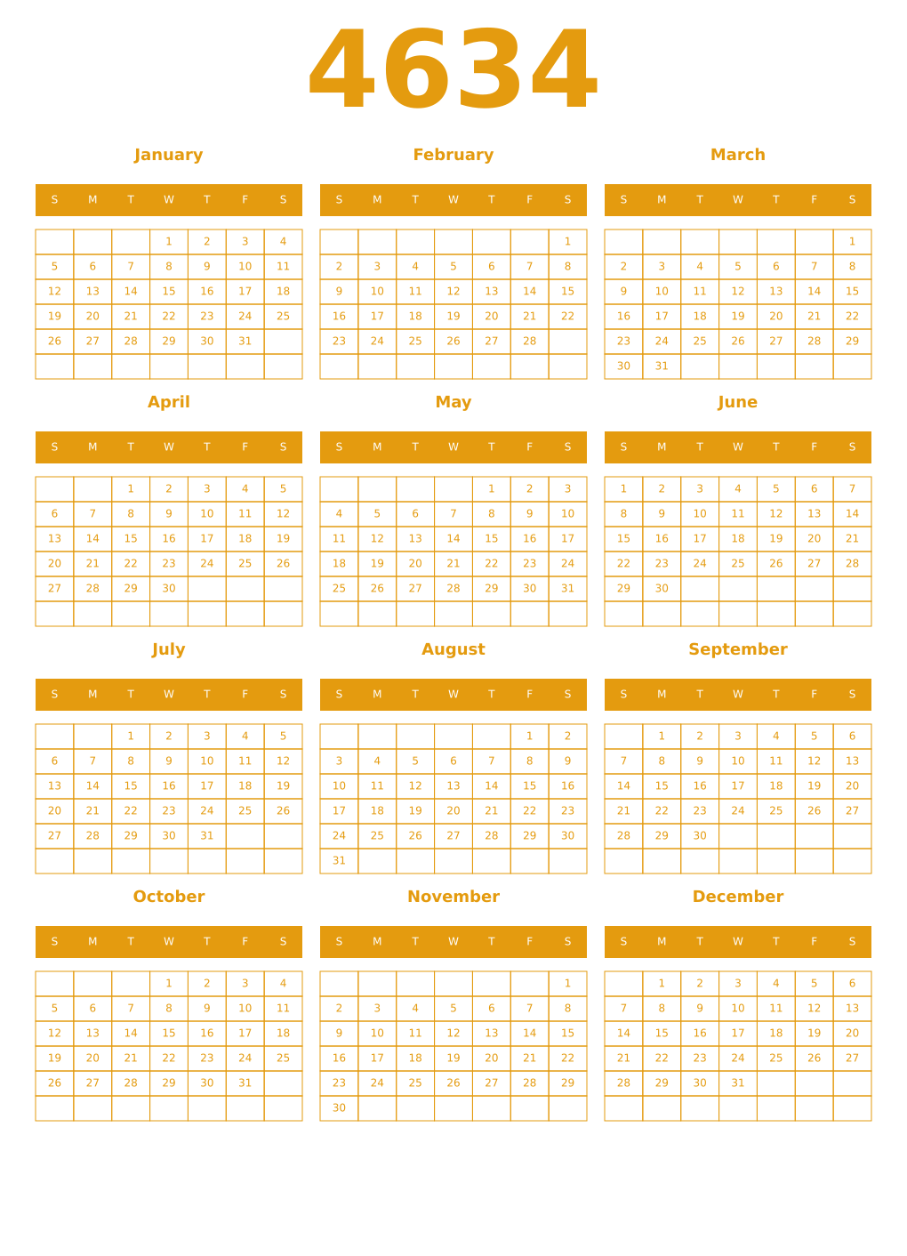Printable 4634 Year Calendars gamboge