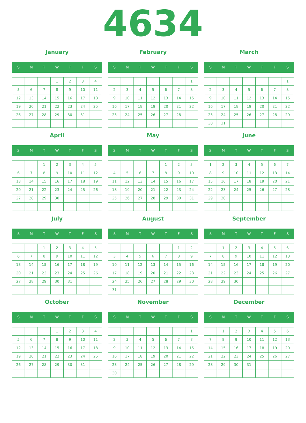 Printable 4634 Year Calendars green