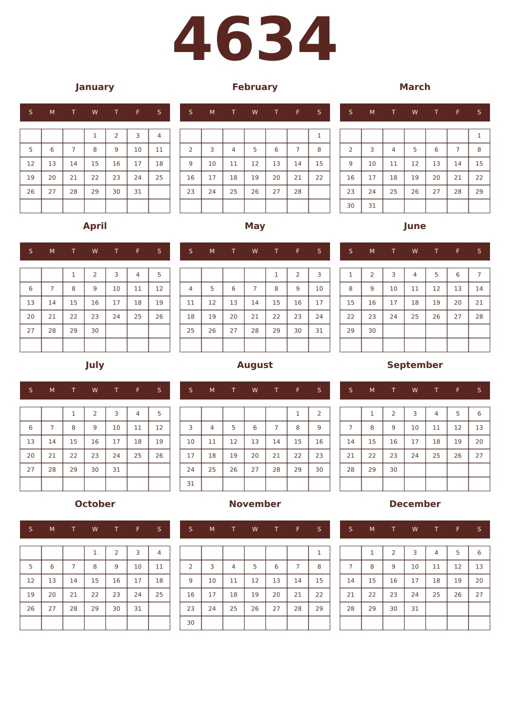 Printable 4634 Year Calendars mortuum