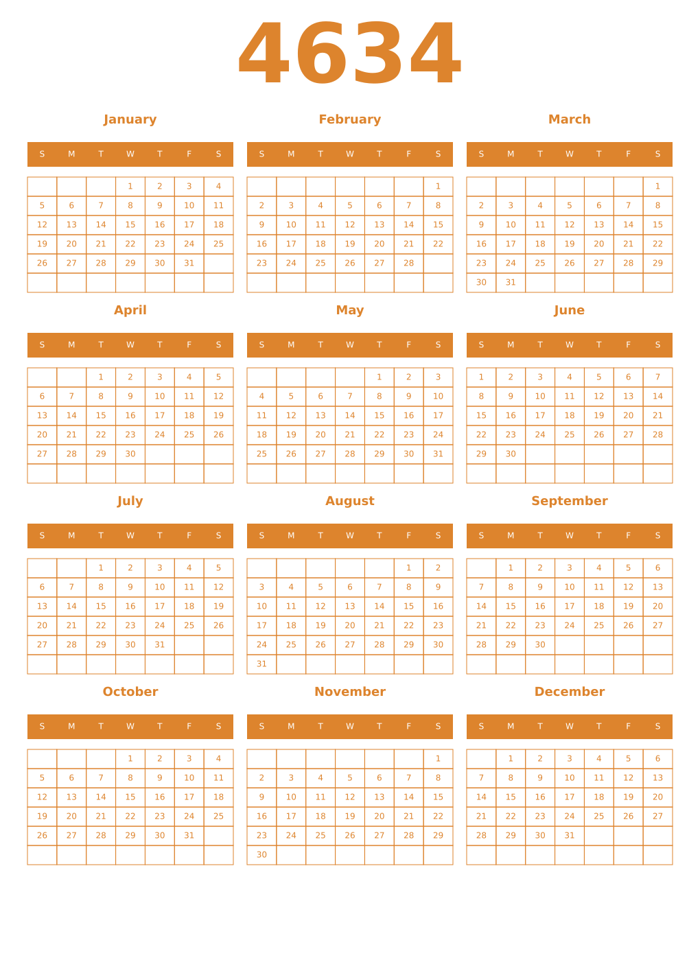 Printable 4634 Year Calendars orange