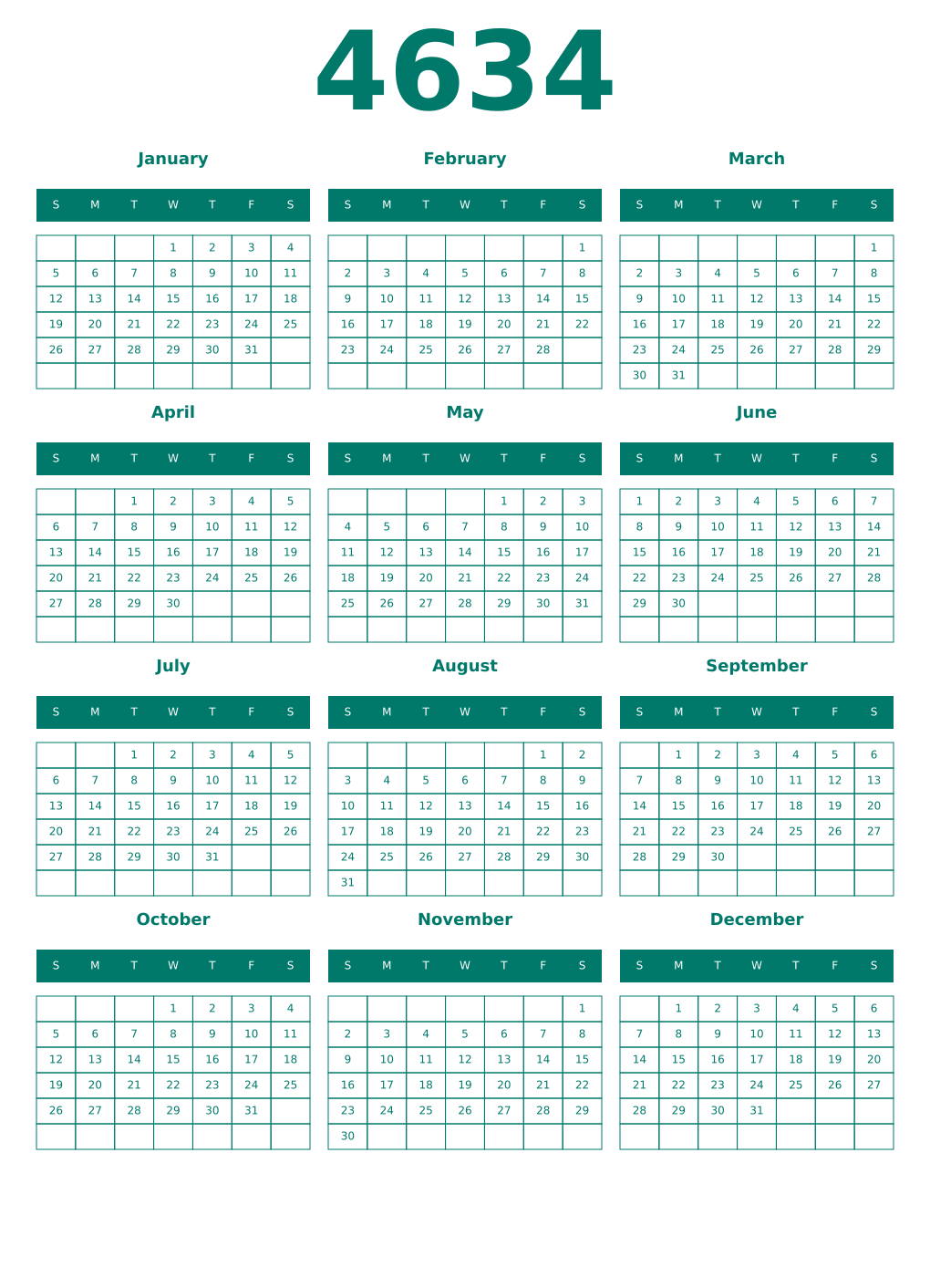 Printable 4634 Year Calendars pastel