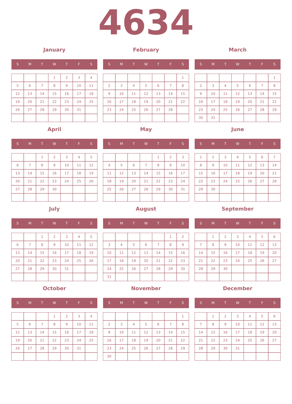 Printable 4634 Year Calendars puce