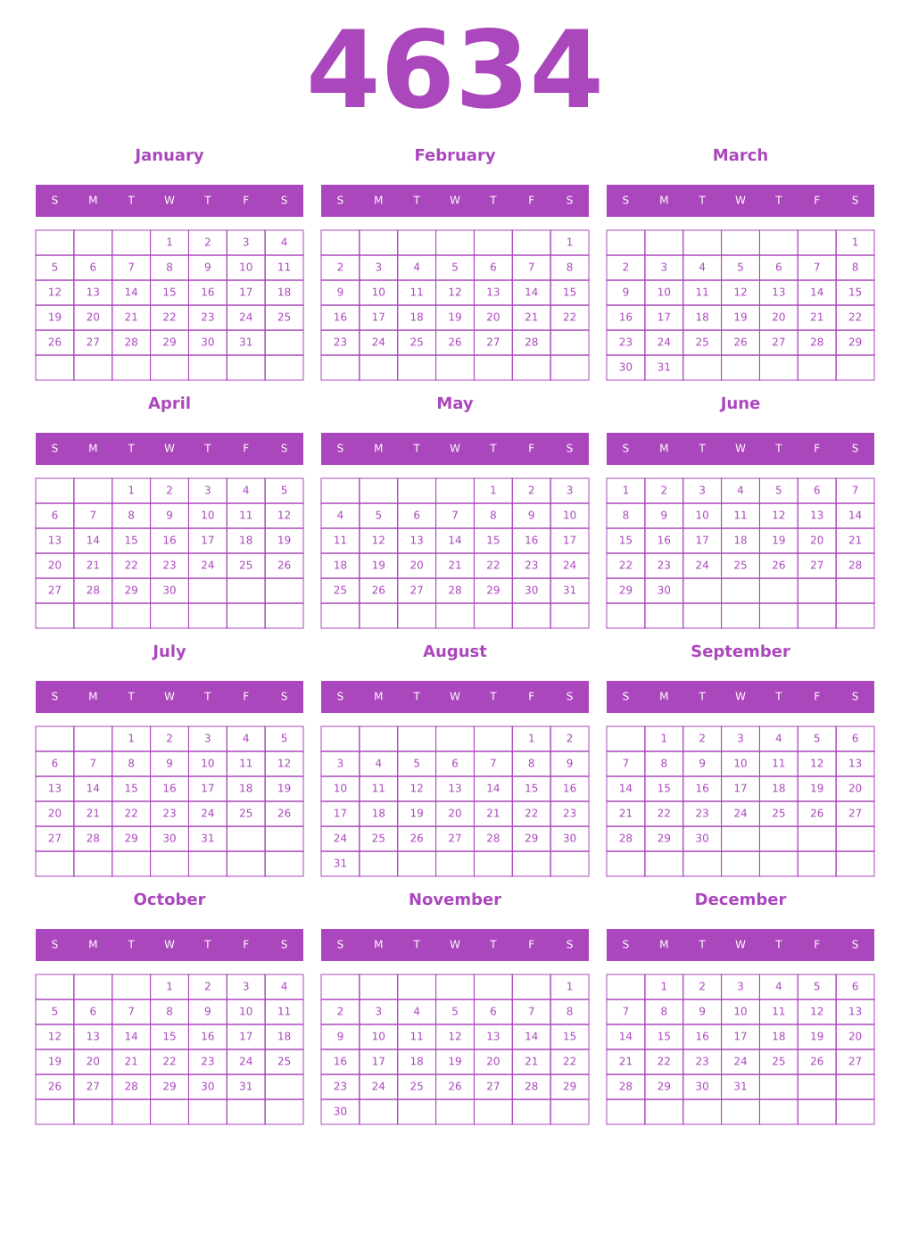Printable 4634 Year Calendars purple