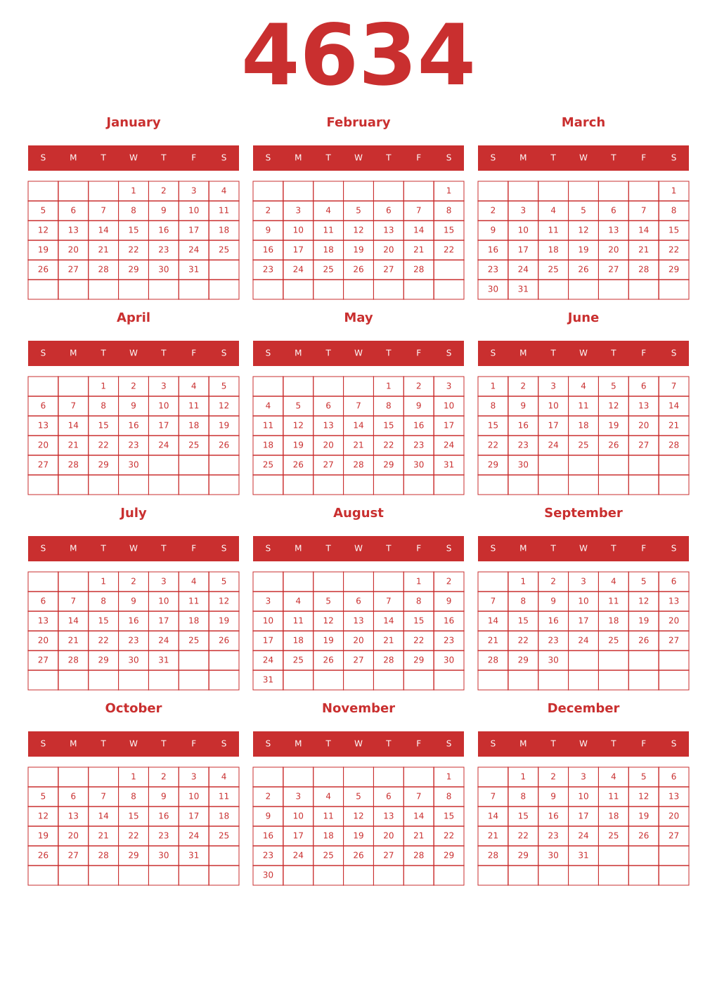 Printable 4634 Year Calendars red