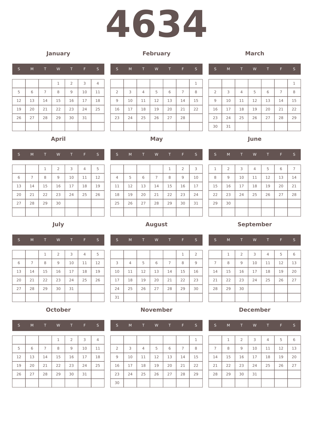 Printable 4634 Year Calendars wenge
