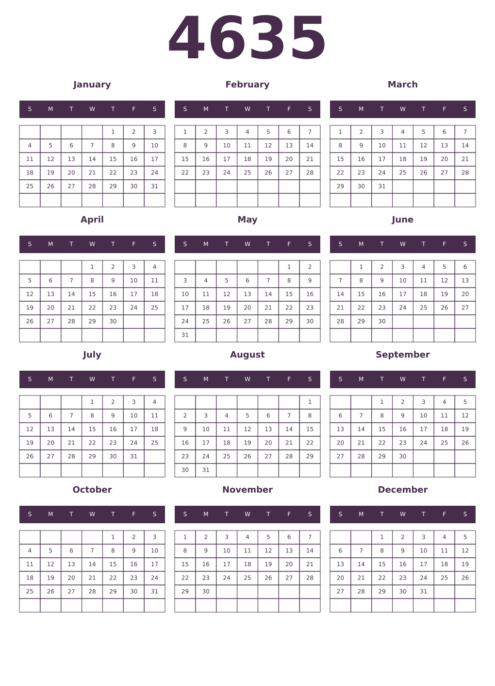 Printable 4635 Year Calendars aubergine