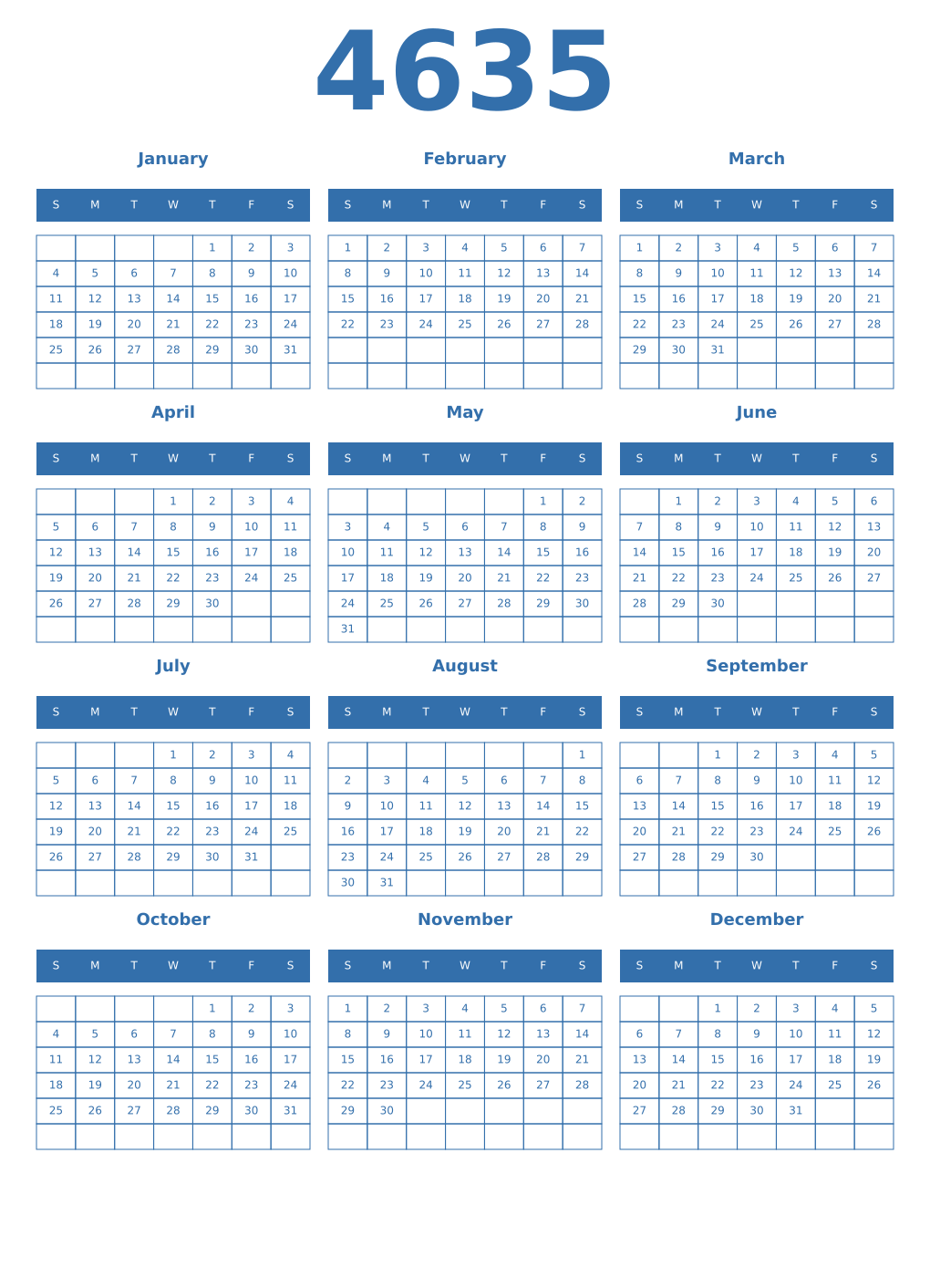 Printable 4635 Year Calendars blue