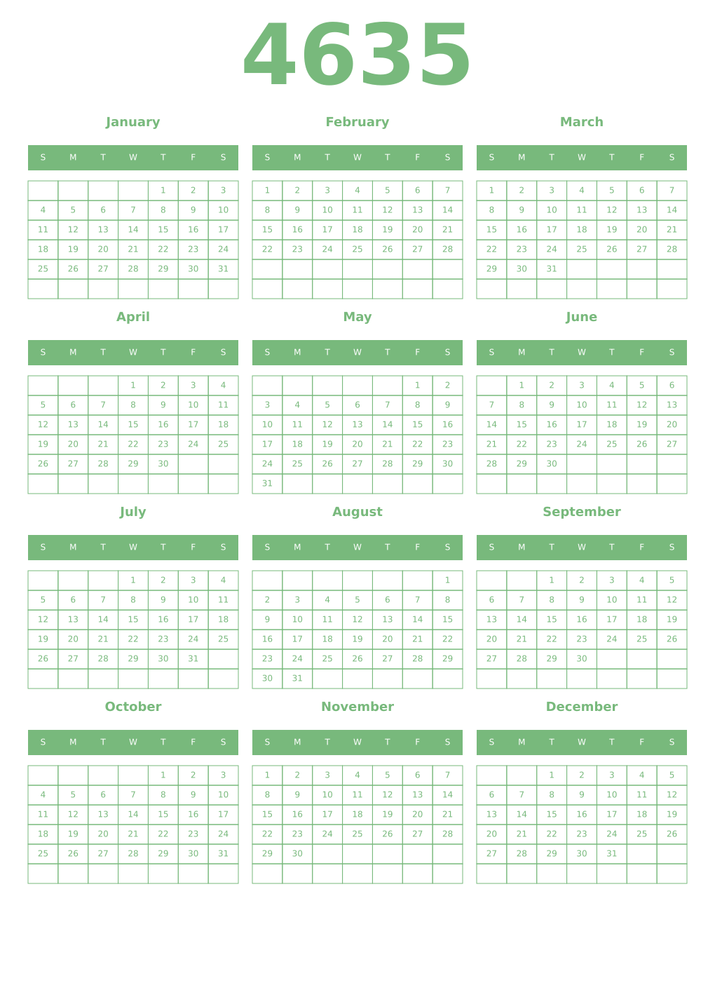Printable 4635 Year Calendars celadon