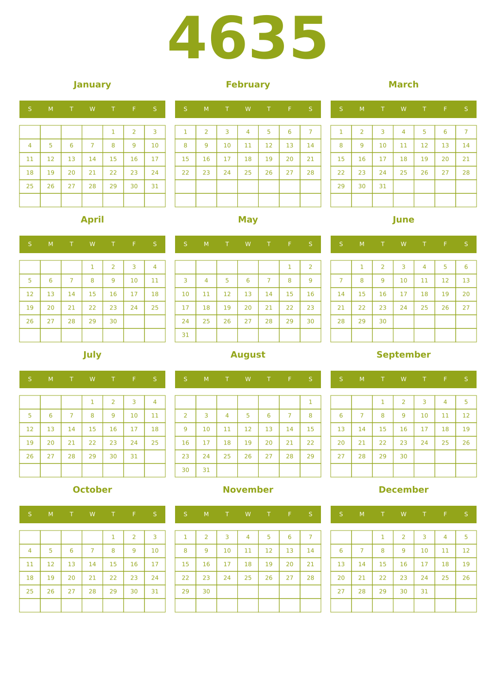 Printable 4635 Year Calendars chartreuse