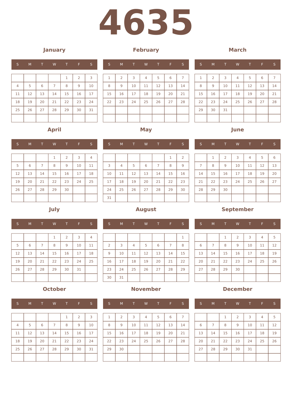 Printable 4635 Year Calendars coffe