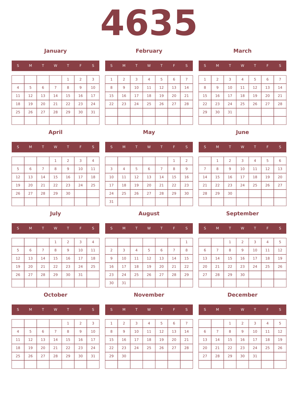 Printable 4635 Year Calendars cordovan