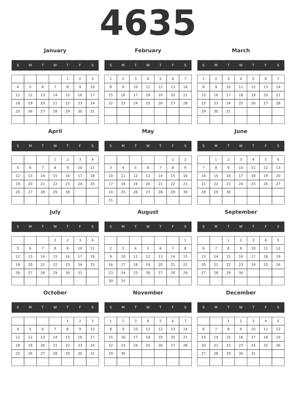 Printable 4635 Year Calendars dark