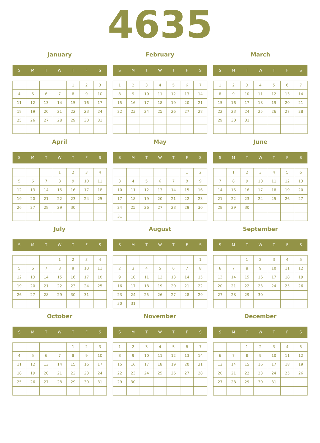 Printable 4635 Year Calendars eburnean