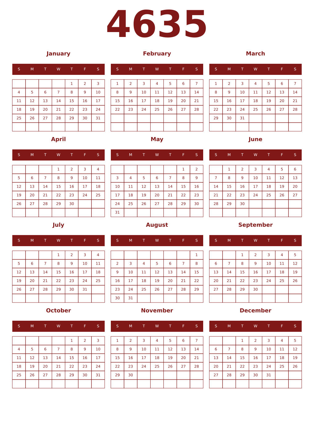 Printable 4635 Year Calendars falu