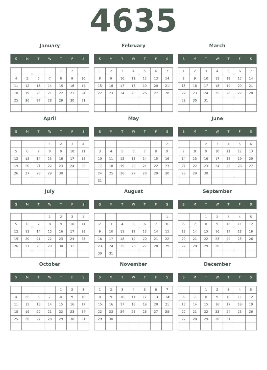 Printable 4635 Year Calendars feldgrau