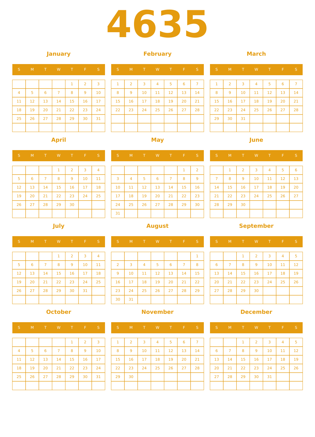Printable 4635 Year Calendars gamboge