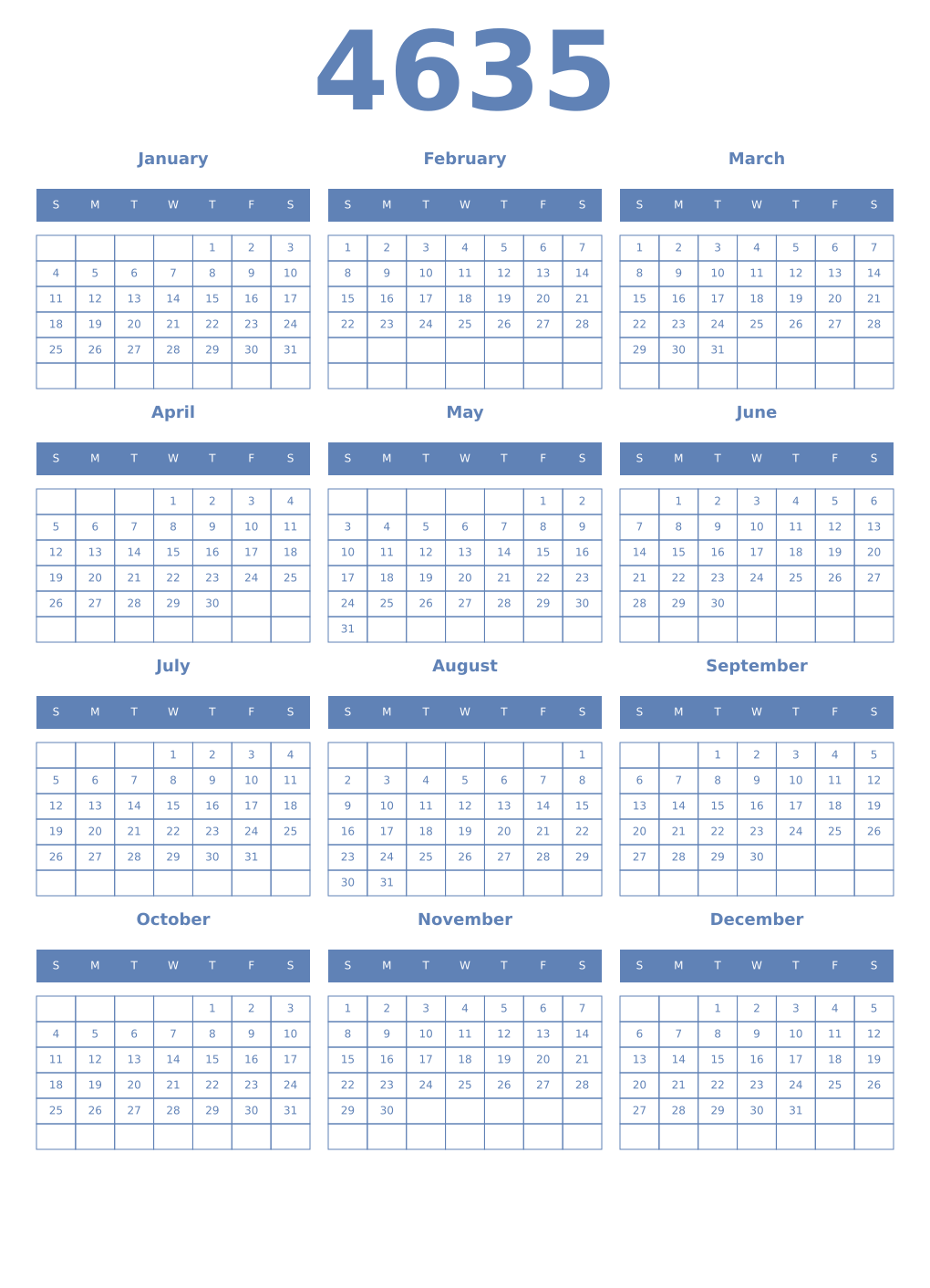 Printable 4635 Year Calendars glaucous