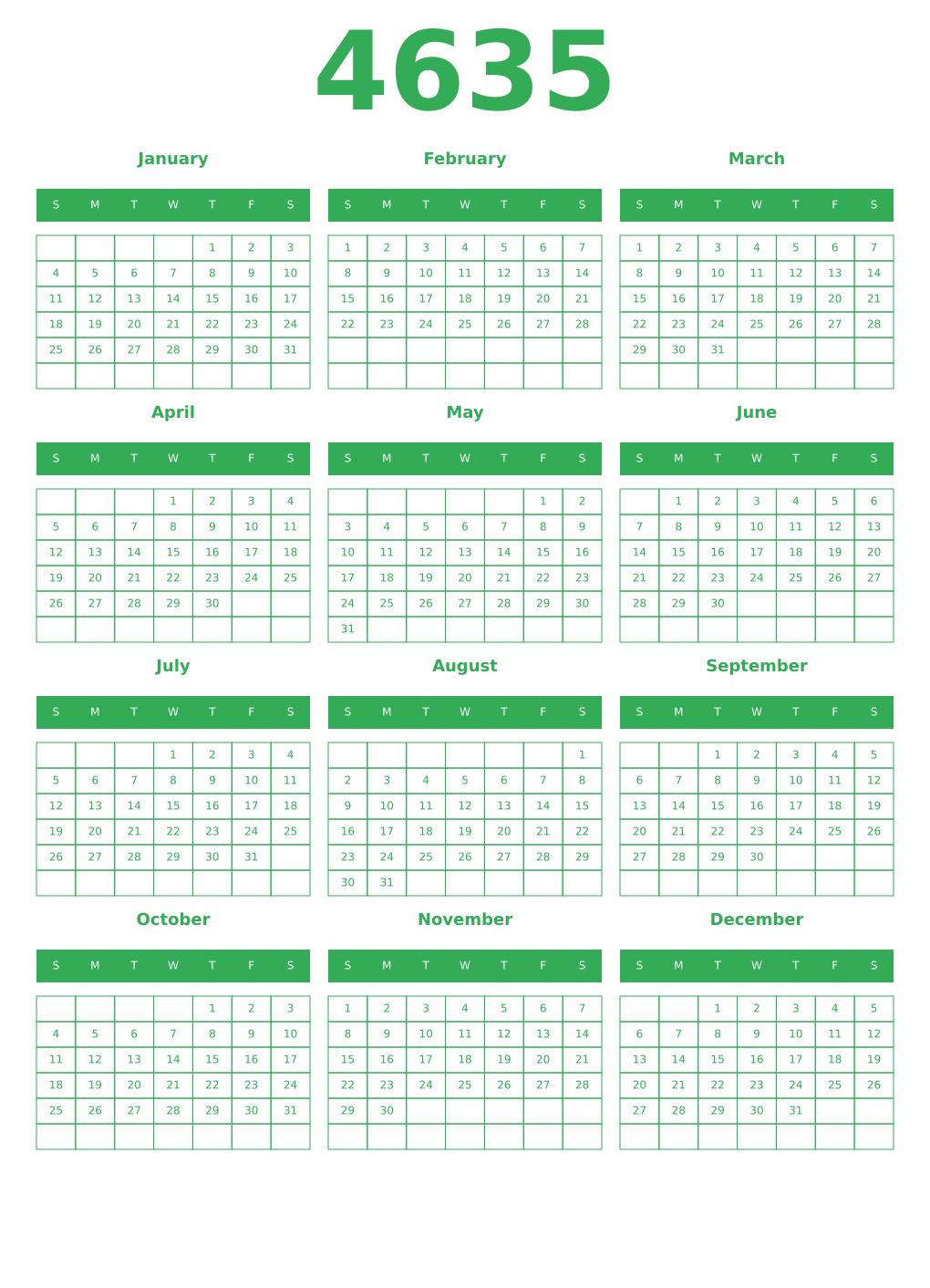 Printable 4635 Year Calendars green