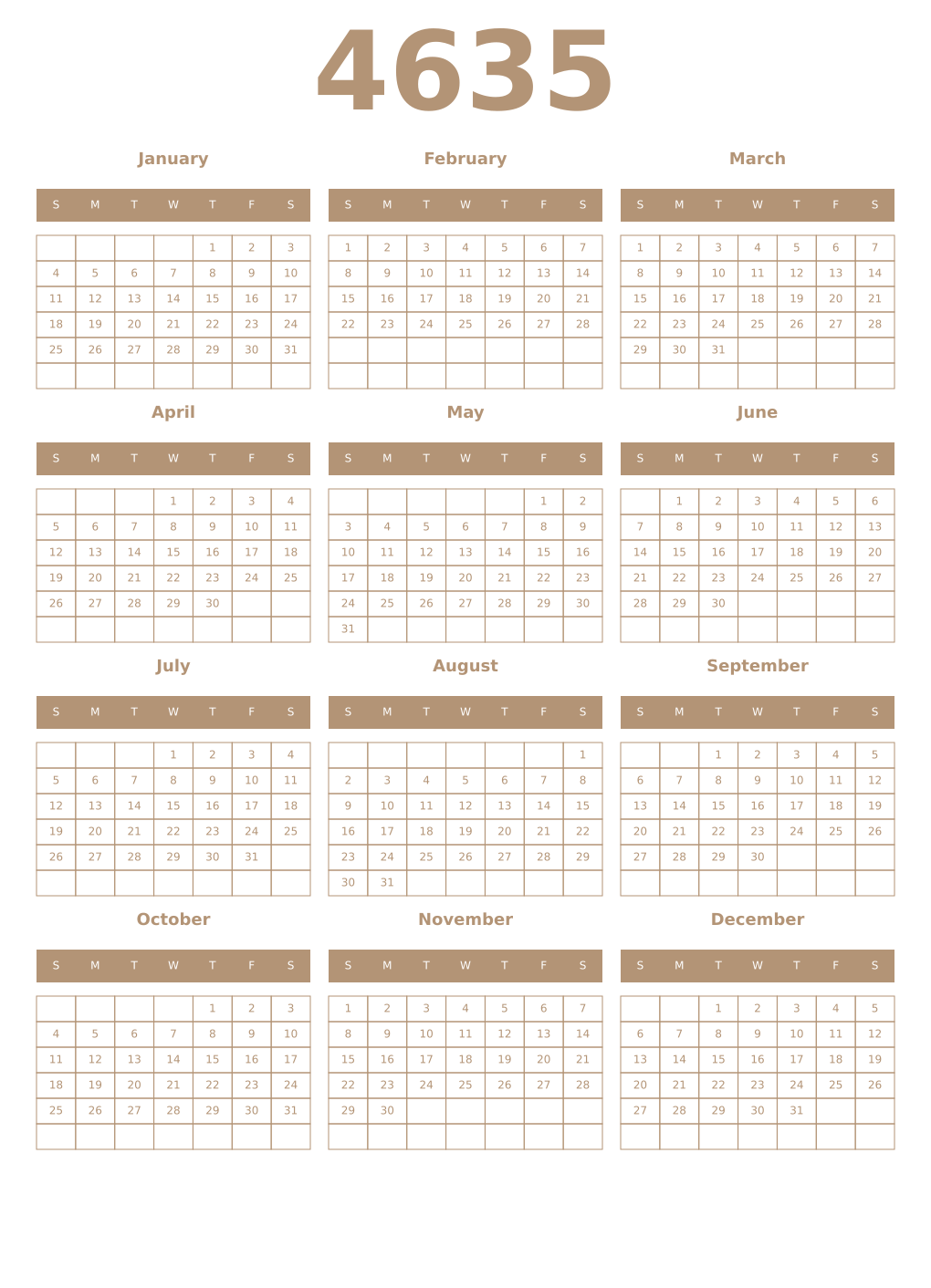 Printable 4635 Year Calendars isabelline