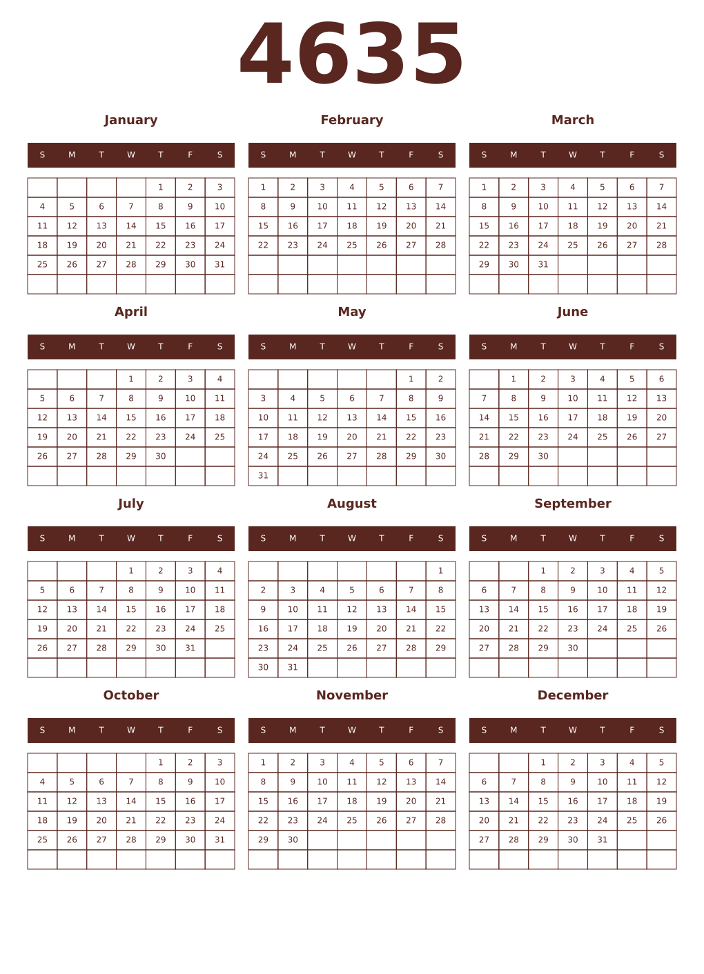 Printable 4635 Year Calendars mortuum