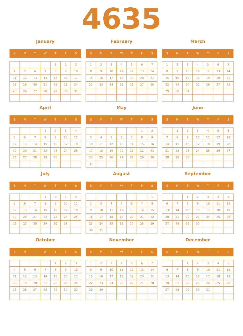 Printable 4635 Year Calendars orange