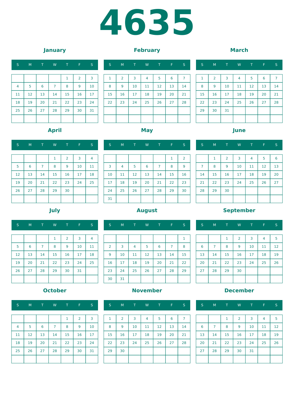 Printable 4635 Year Calendars pastel