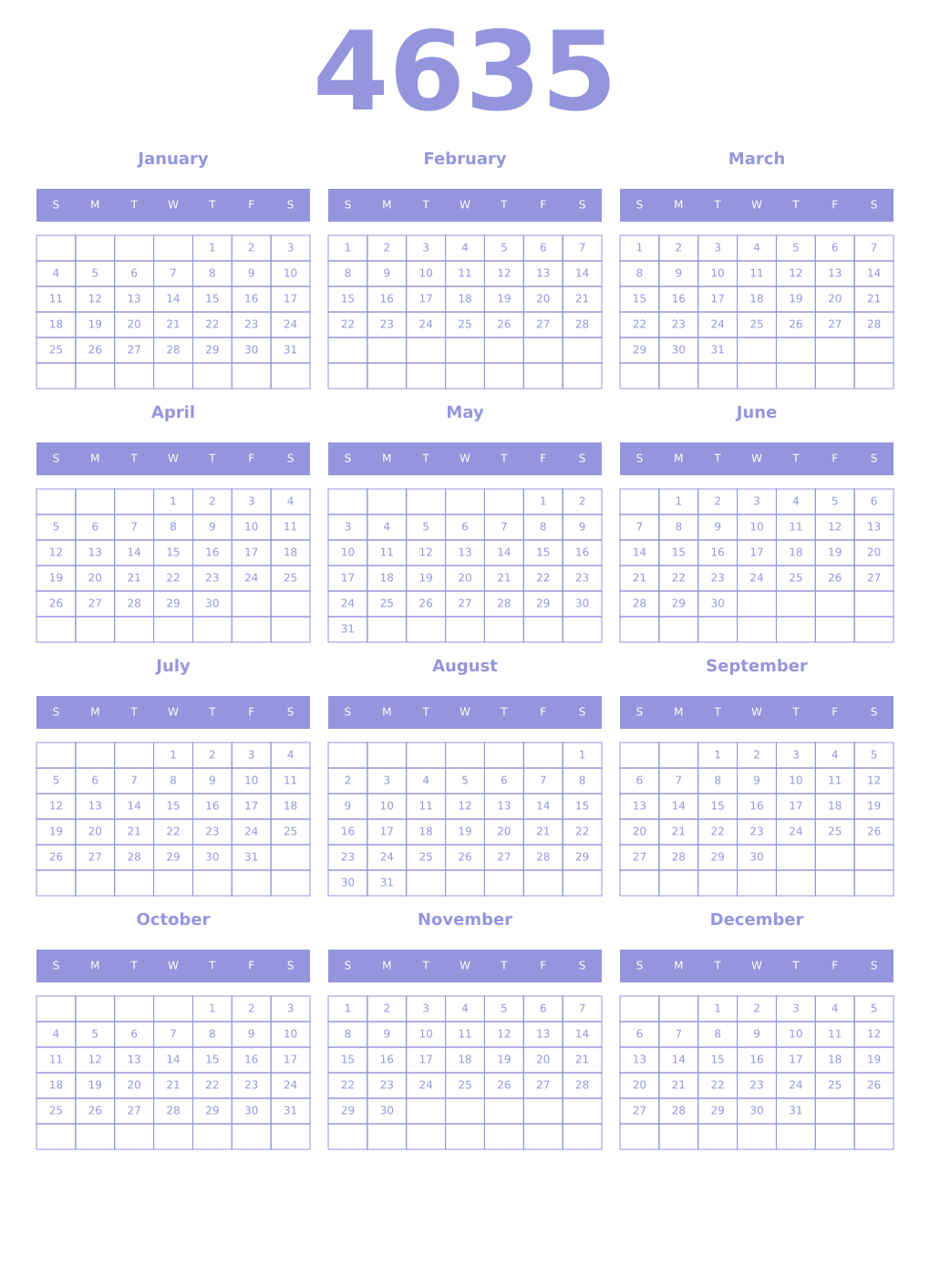 Printable 4635 Year Calendars periwinkle