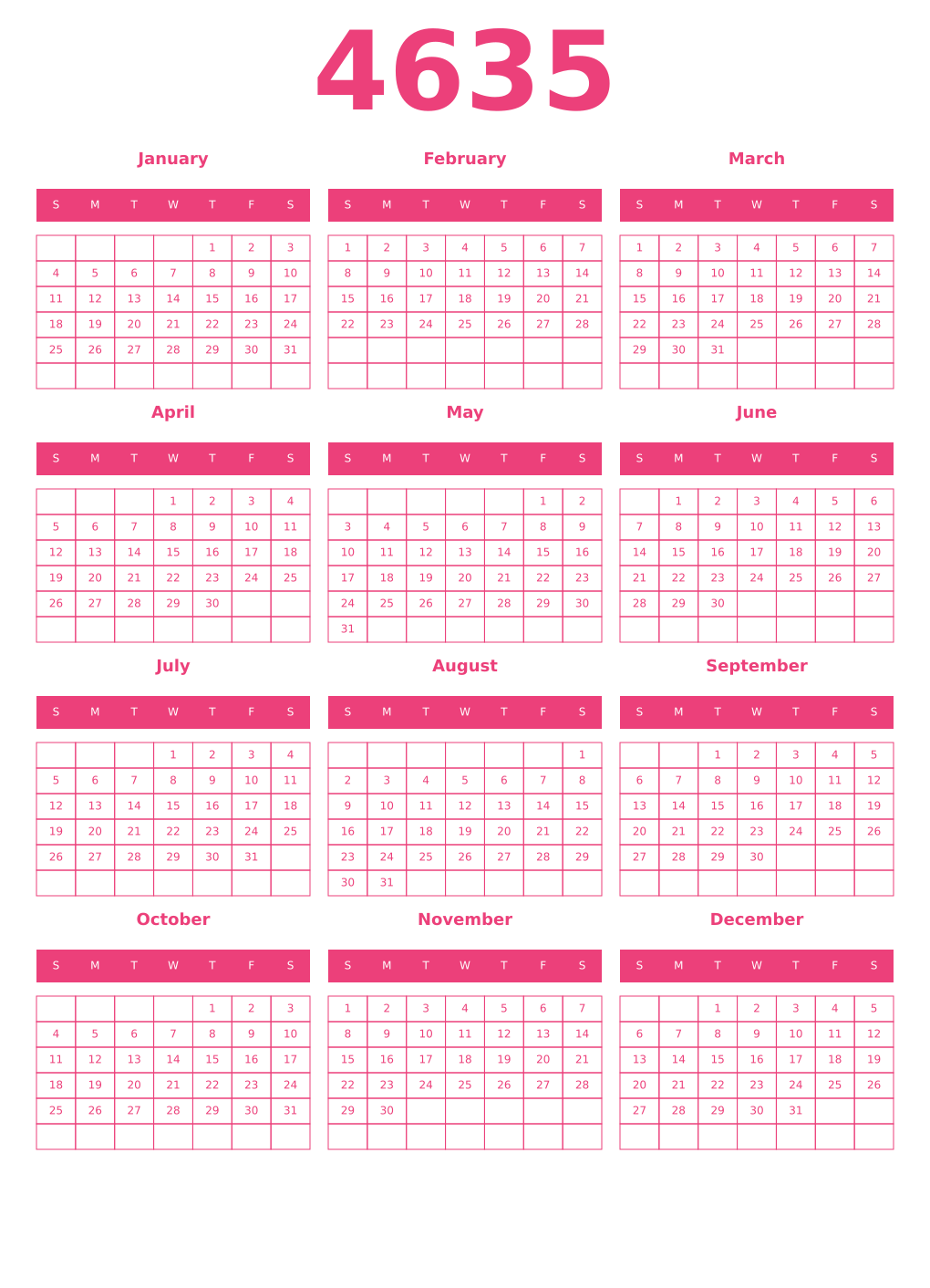 Printable 4635 Year Calendars pink