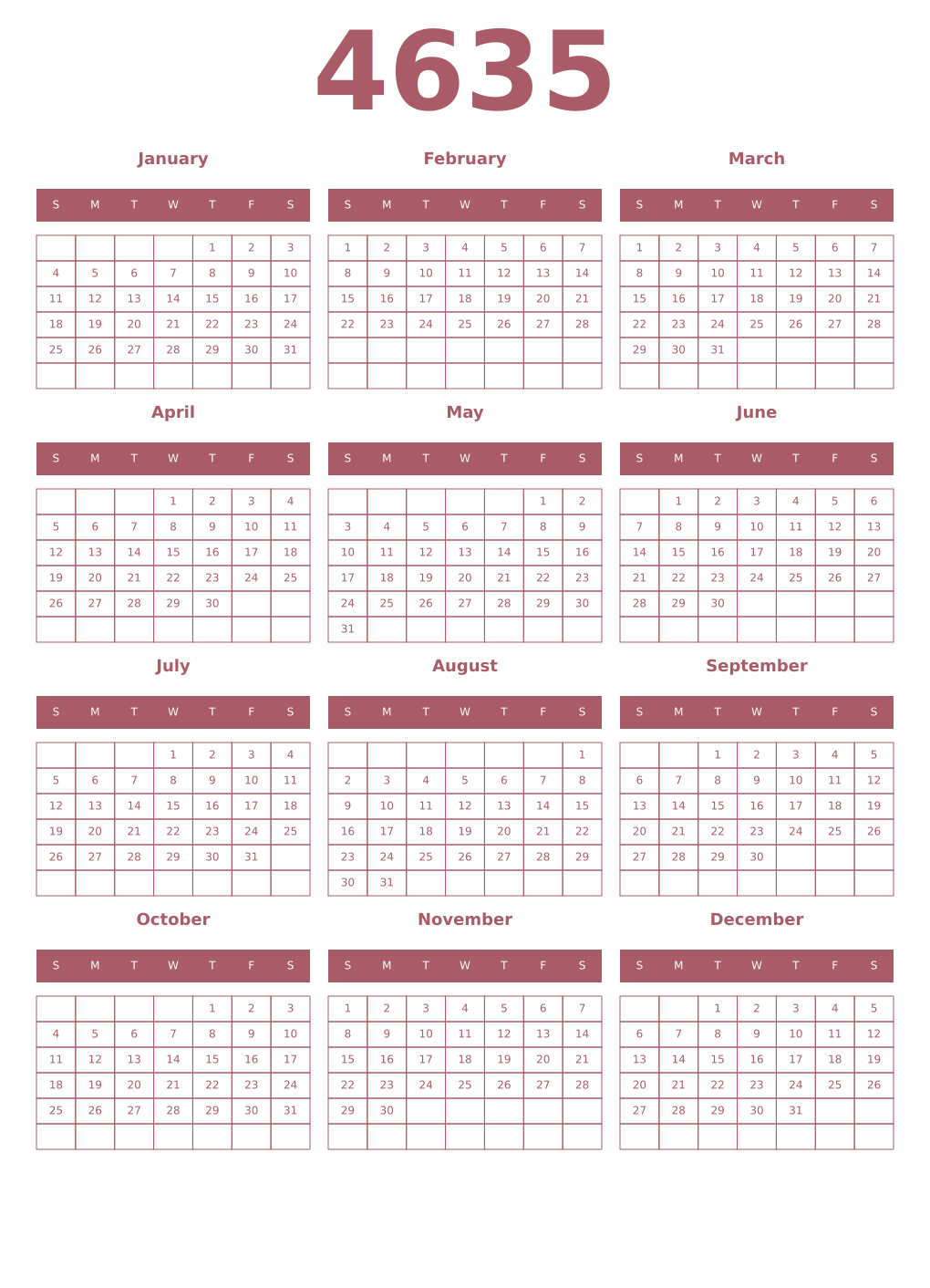 Printable 4635 Year Calendars puce