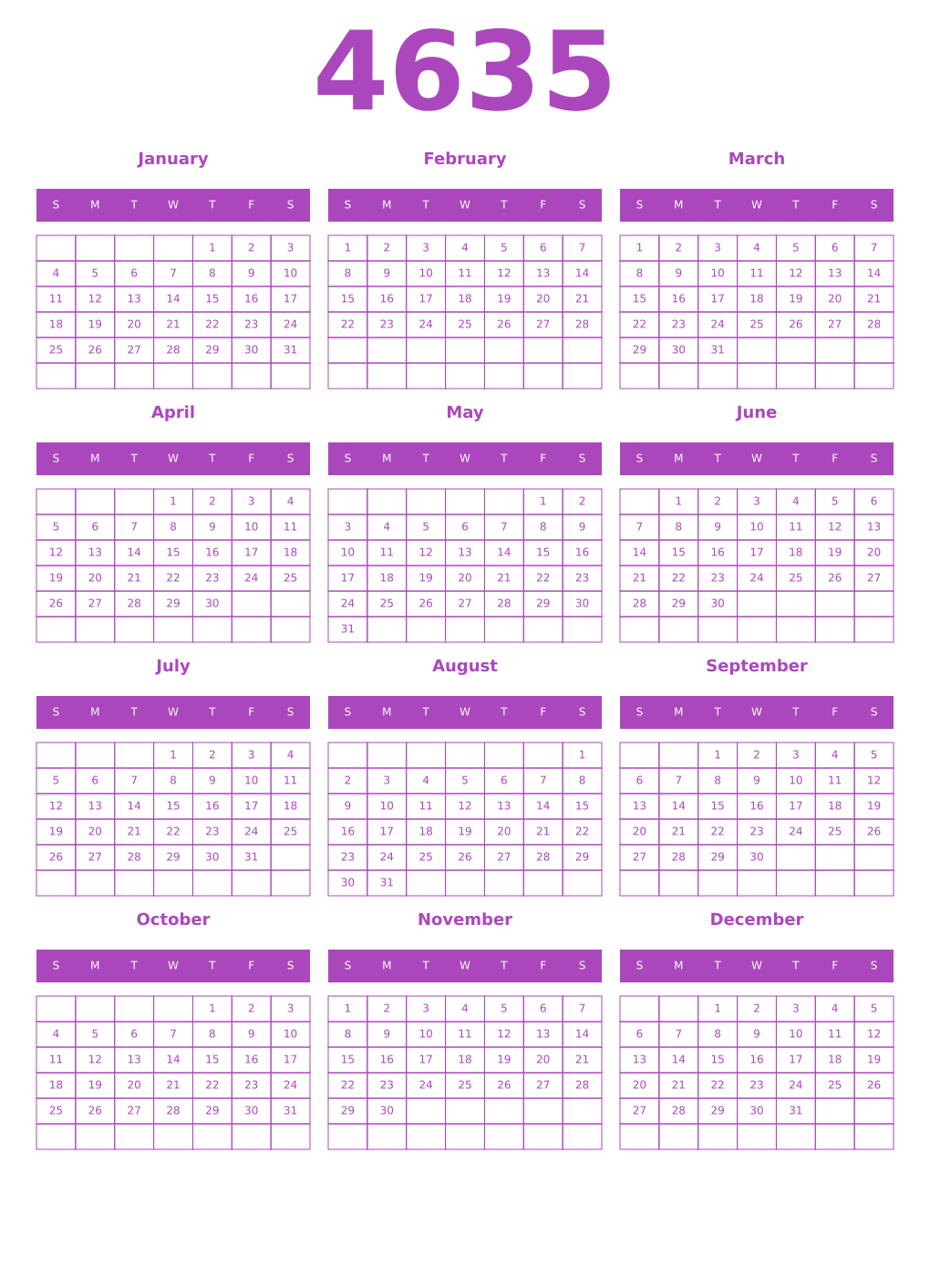 Printable 4635 Year Calendars purple