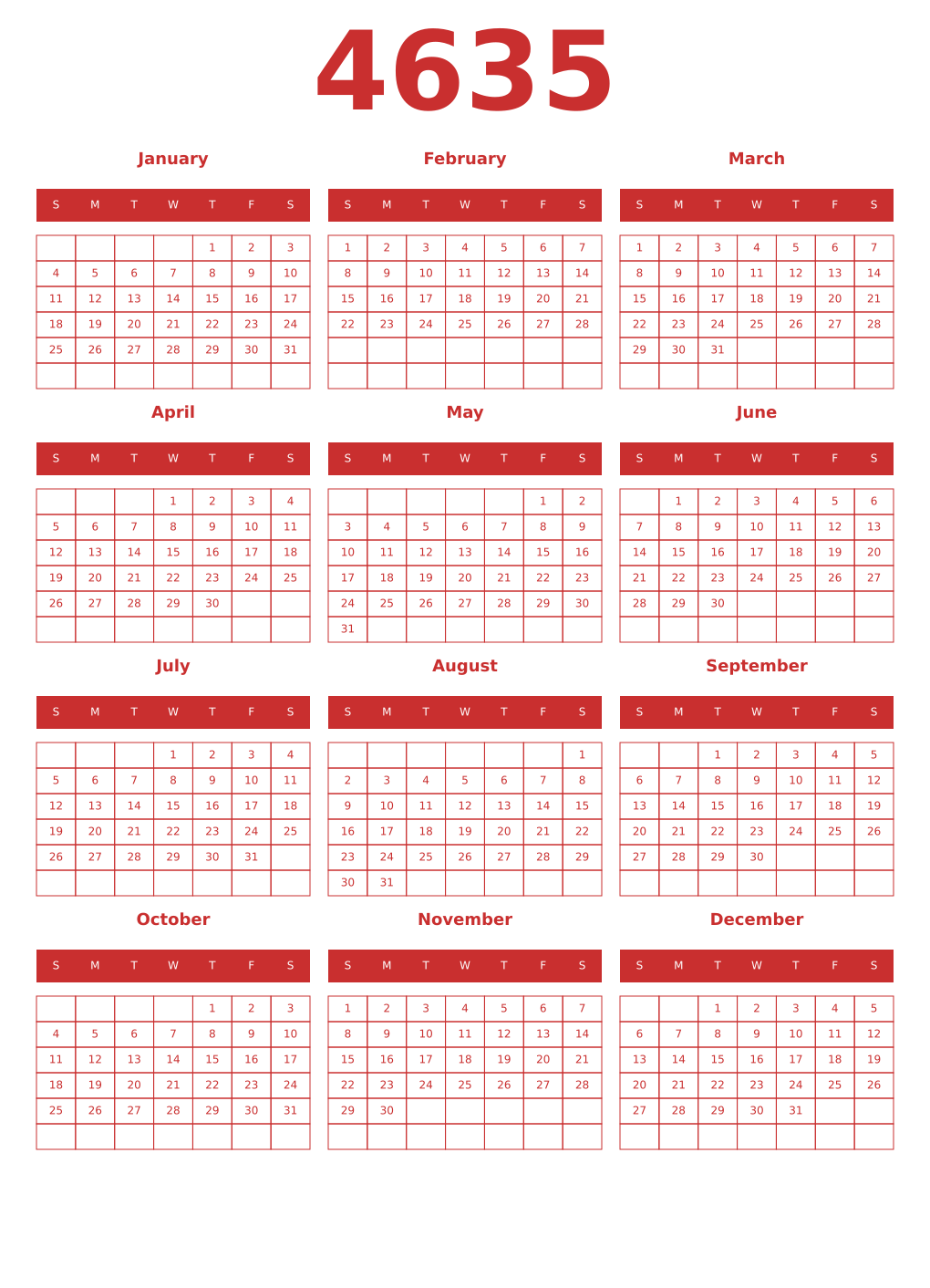 Printable 4635 Year Calendars red