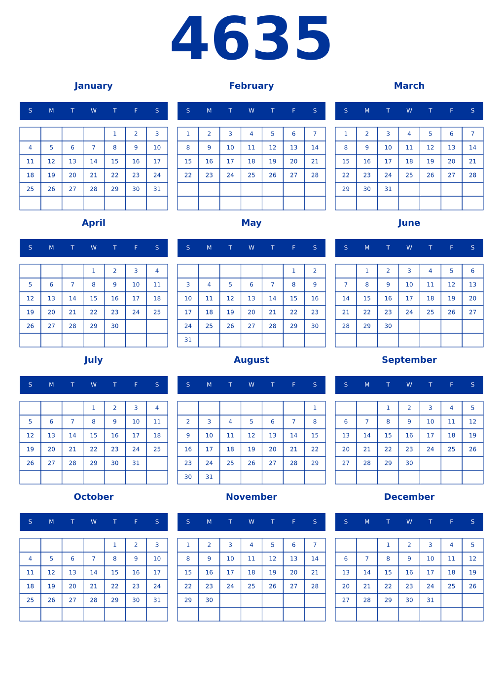 Printable 4635 Year Calendars smalt