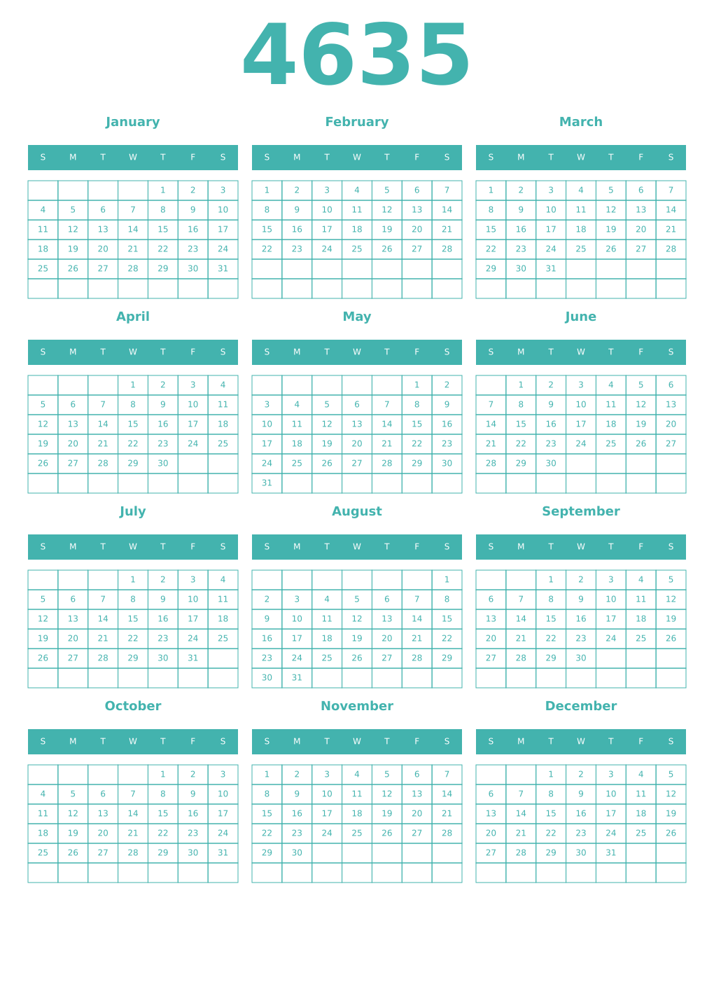 Printable 4635 Year Calendars verdigris