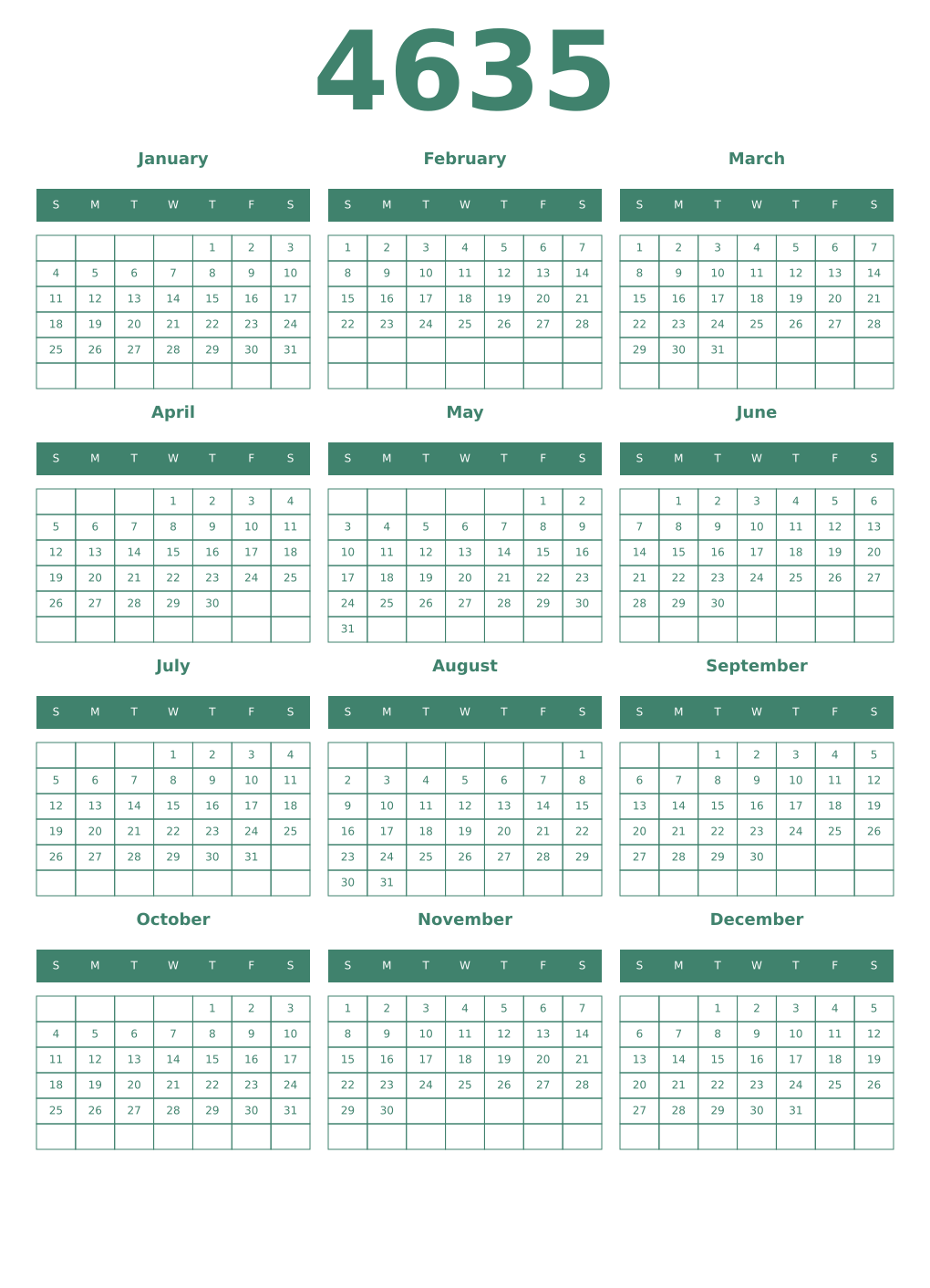 Printable 4635 Year Calendars viridian
