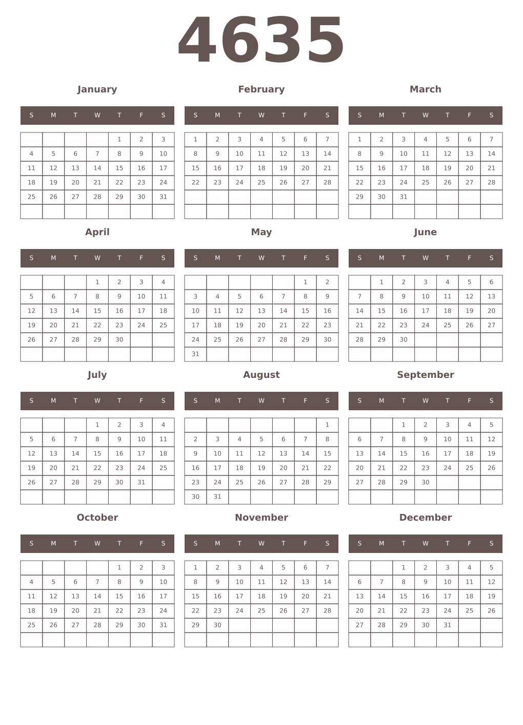 Printable 4635 Year Calendars wenge
