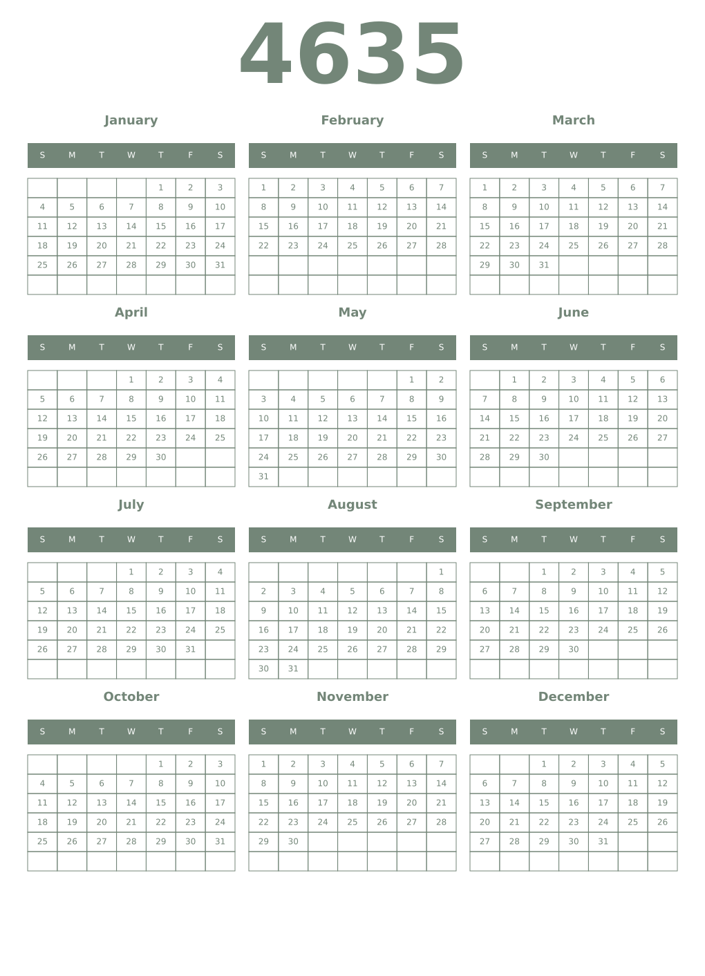Printable 4635 Year Calendars xanadu