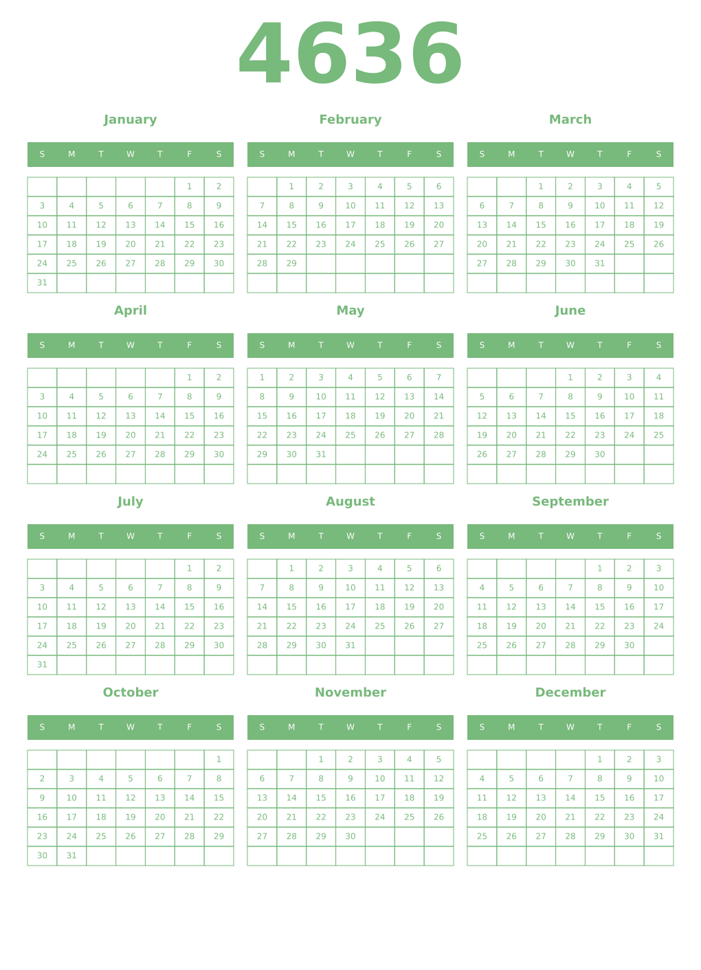Printable 4636 Year Calendars celadon