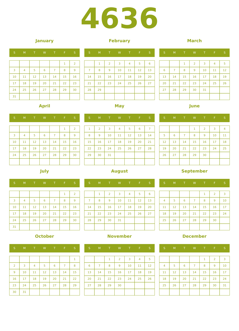 Printable 4636 Year Calendars chartreuse