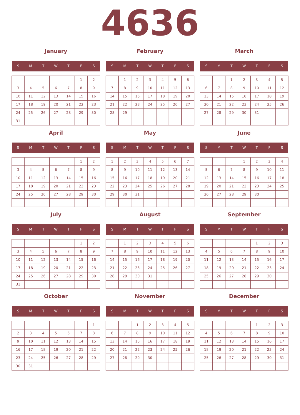 Printable 4636 Year Calendars cordovan