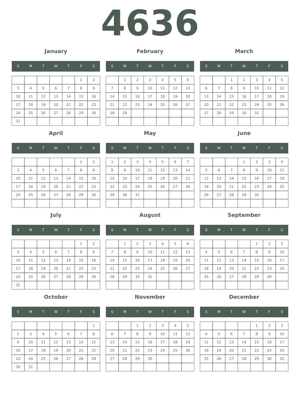Printable 4636 Year Calendars feldgrau