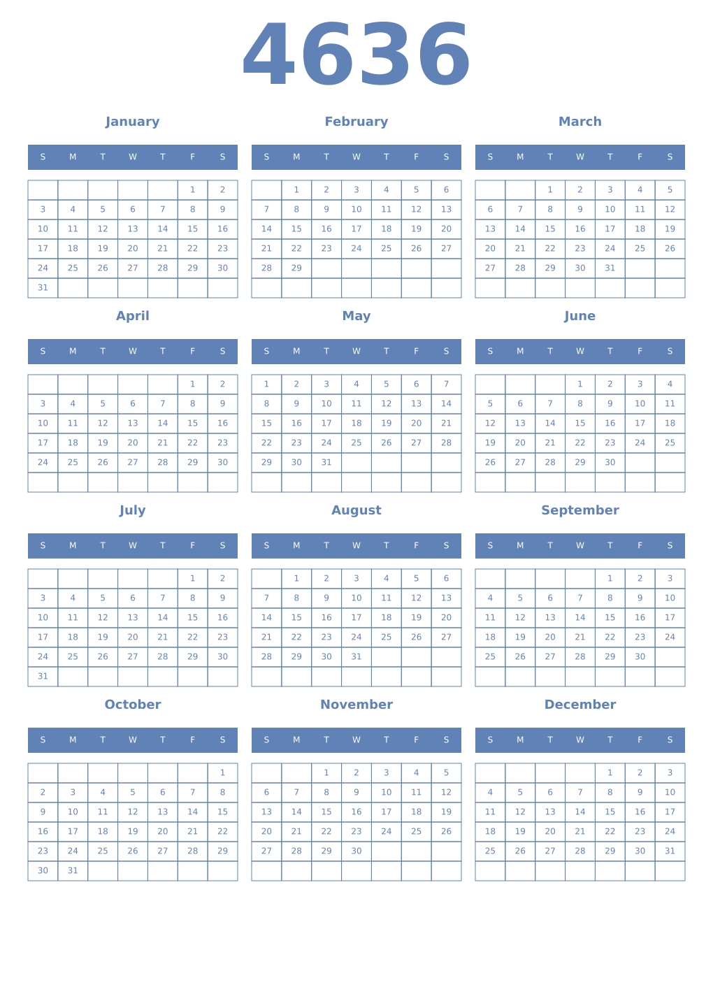 Printable 4636 Year Calendars glaucous
