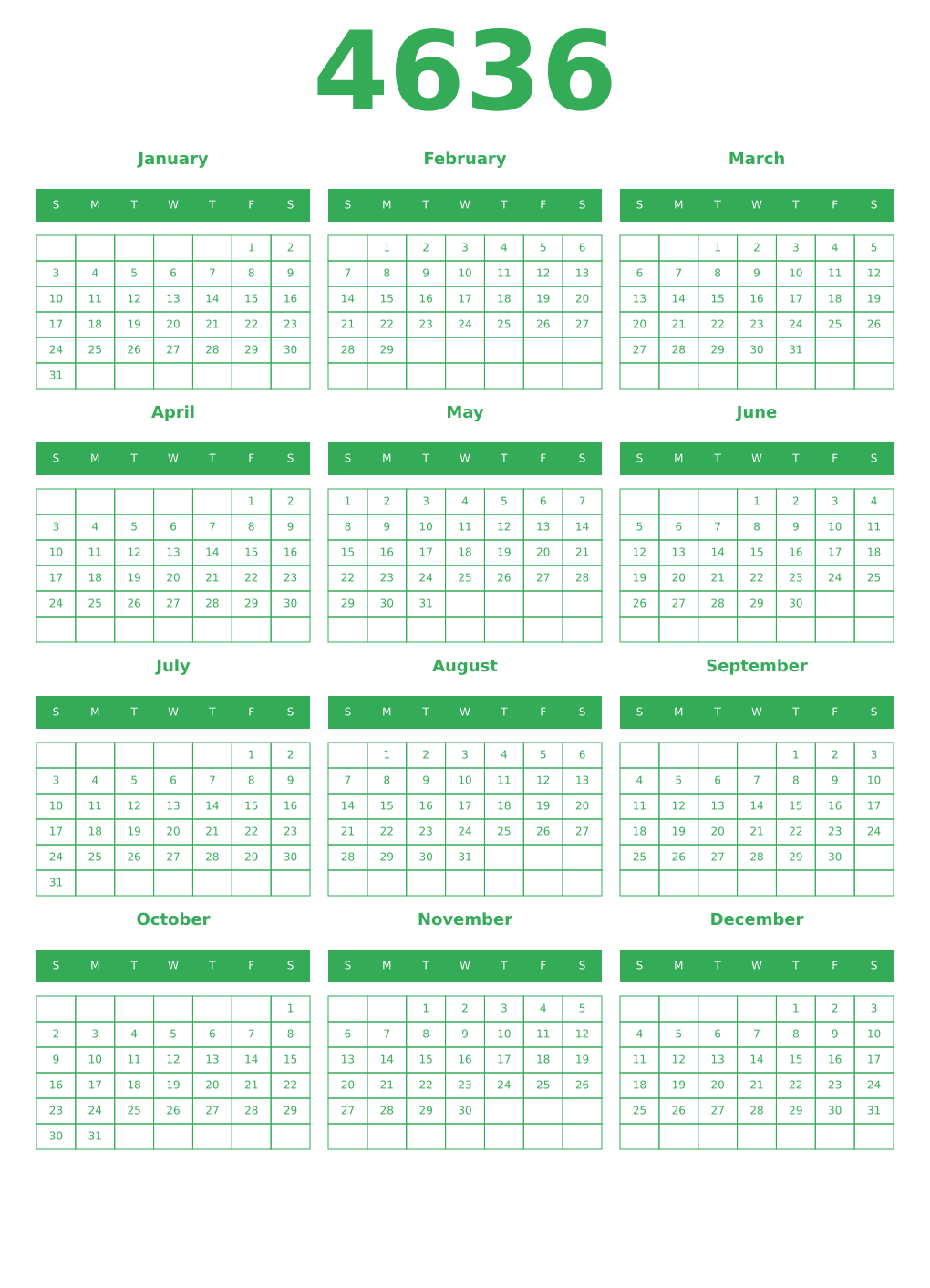 Printable 4636 Year Calendars green