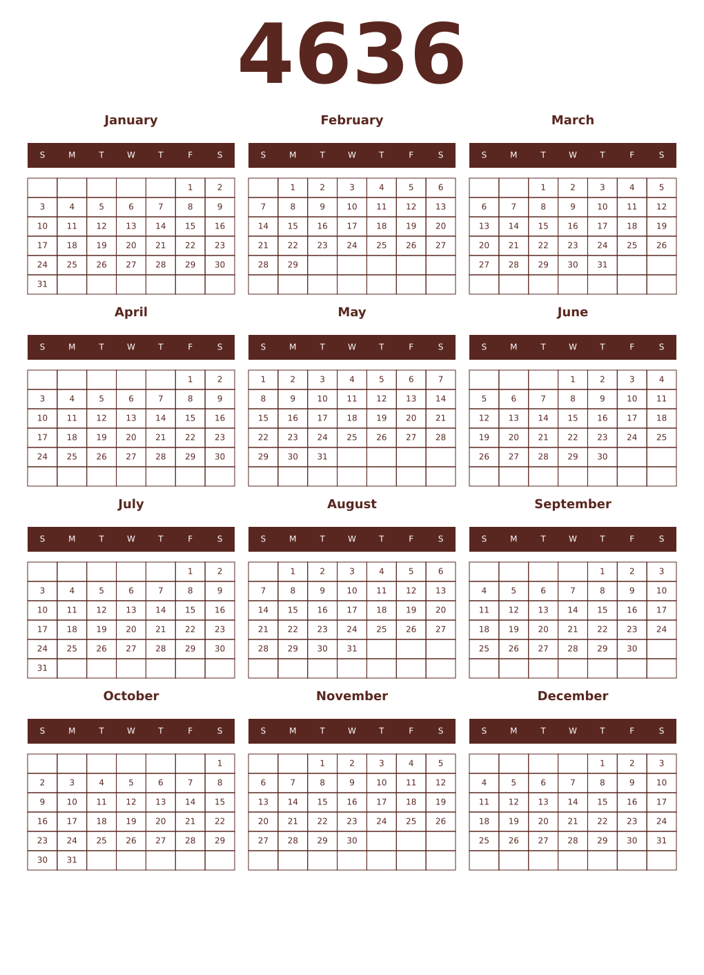 Printable 4636 Year Calendars mortuum