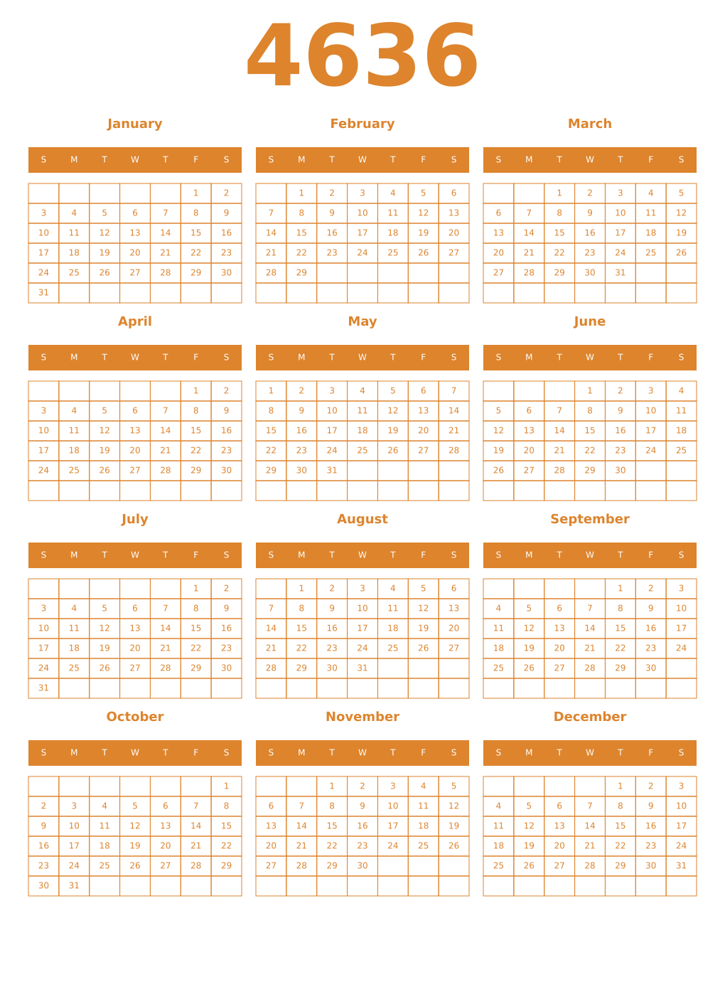 Printable 4636 Year Calendars orange