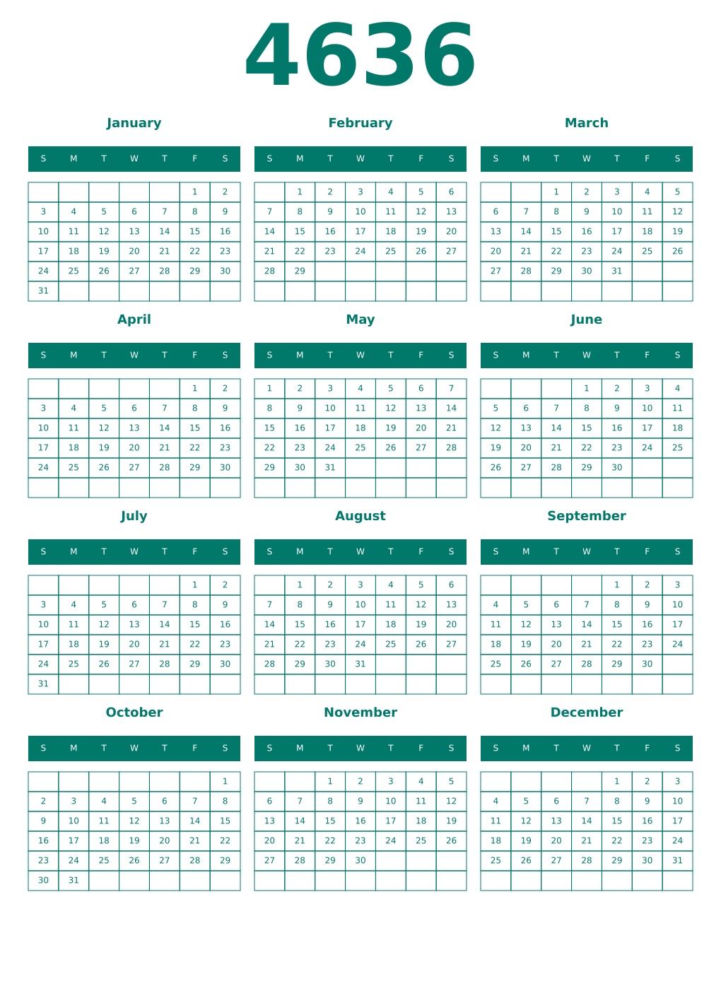 Printable 4636 Year Calendars pastel