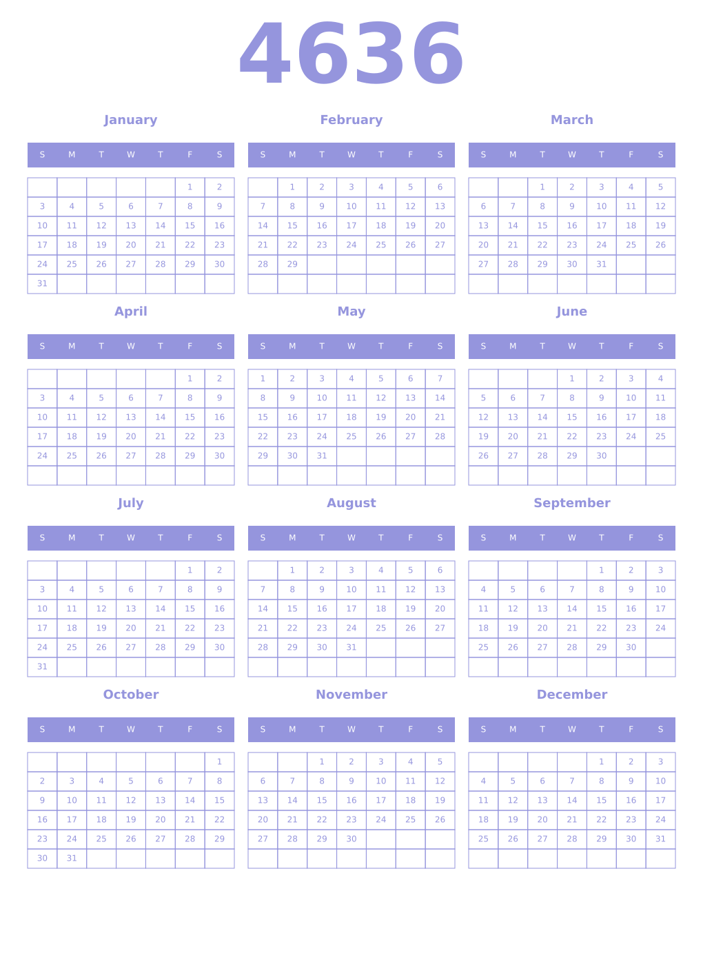 Printable 4636 Year Calendars periwinkle