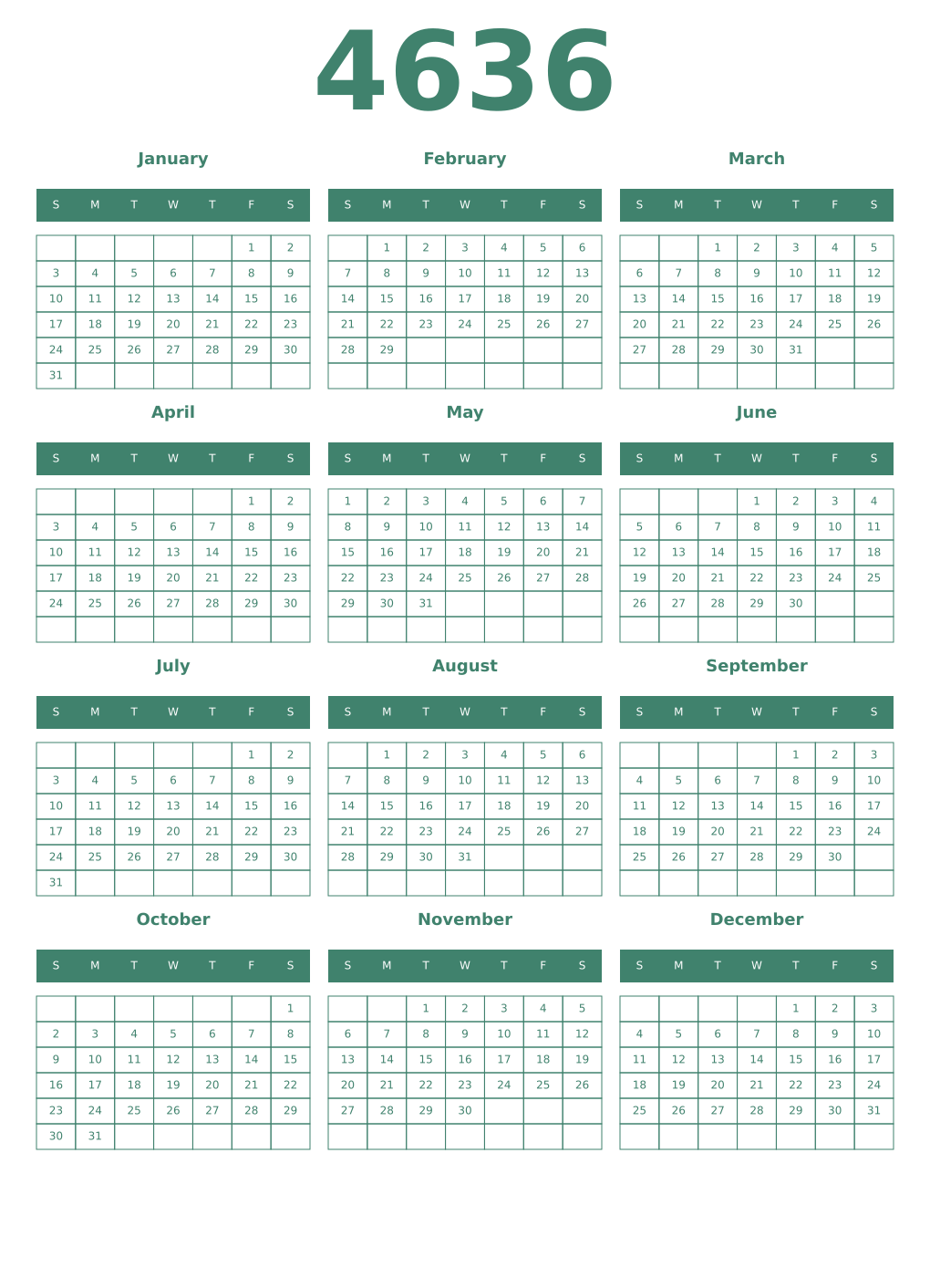 Printable 4636 Year Calendars viridian